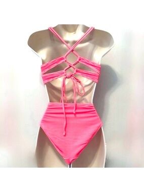HULA HONEY ~ Women's Pink and White Ribbed Bikini Set size L